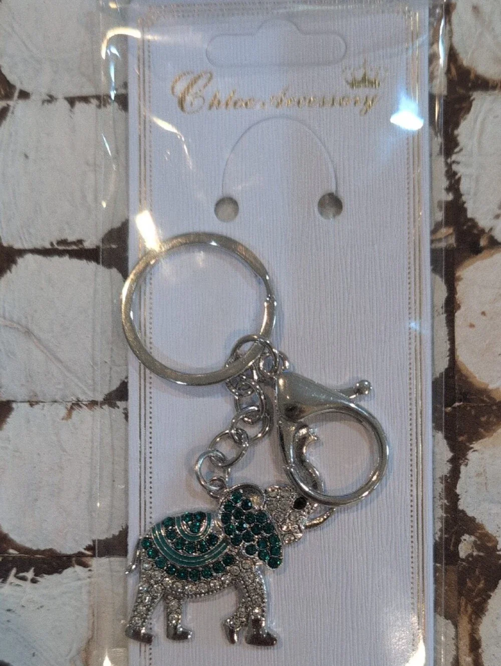 Silver Elephant Keychain with Teal Crystals - Women's Accessory